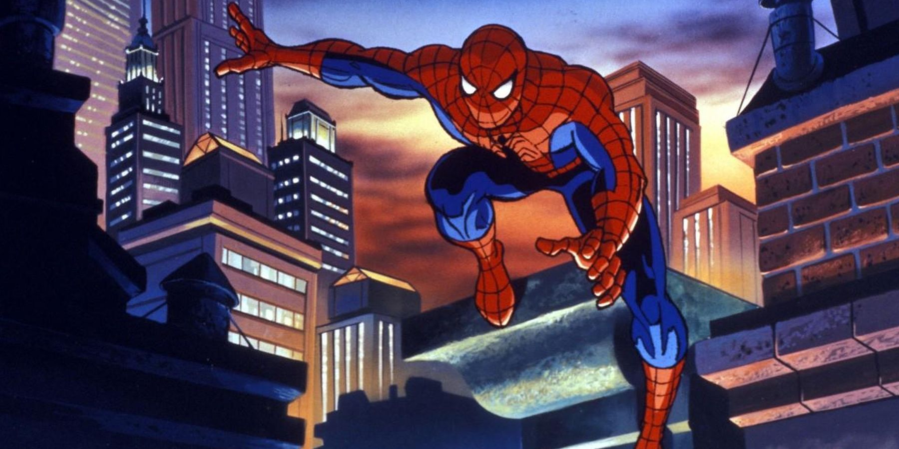 O Homem-Aranha corre pelos telhados da cidade de Nova York ao amanhecer em Spider-Man The Animated Series