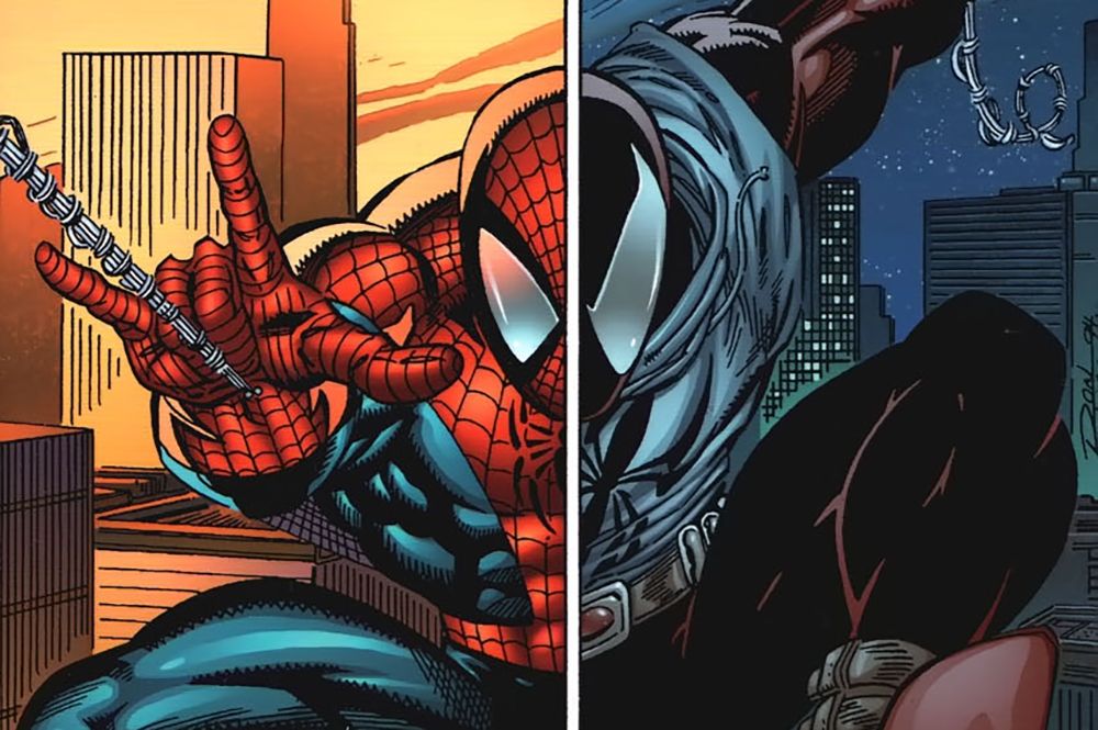 An image of Peter Parker and Ben Reilly split in Marvel Comics