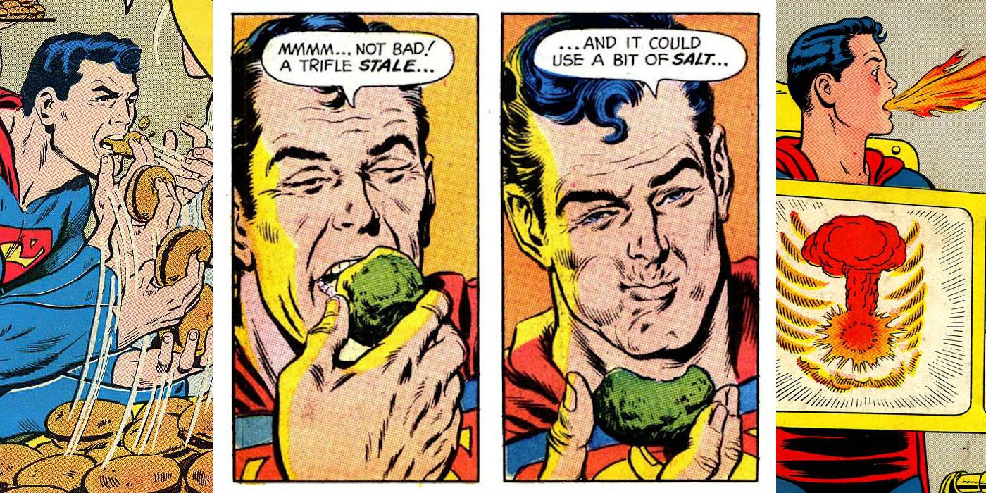 split image of Superman eating hamburgers, kryptonite and a nuclear explosion