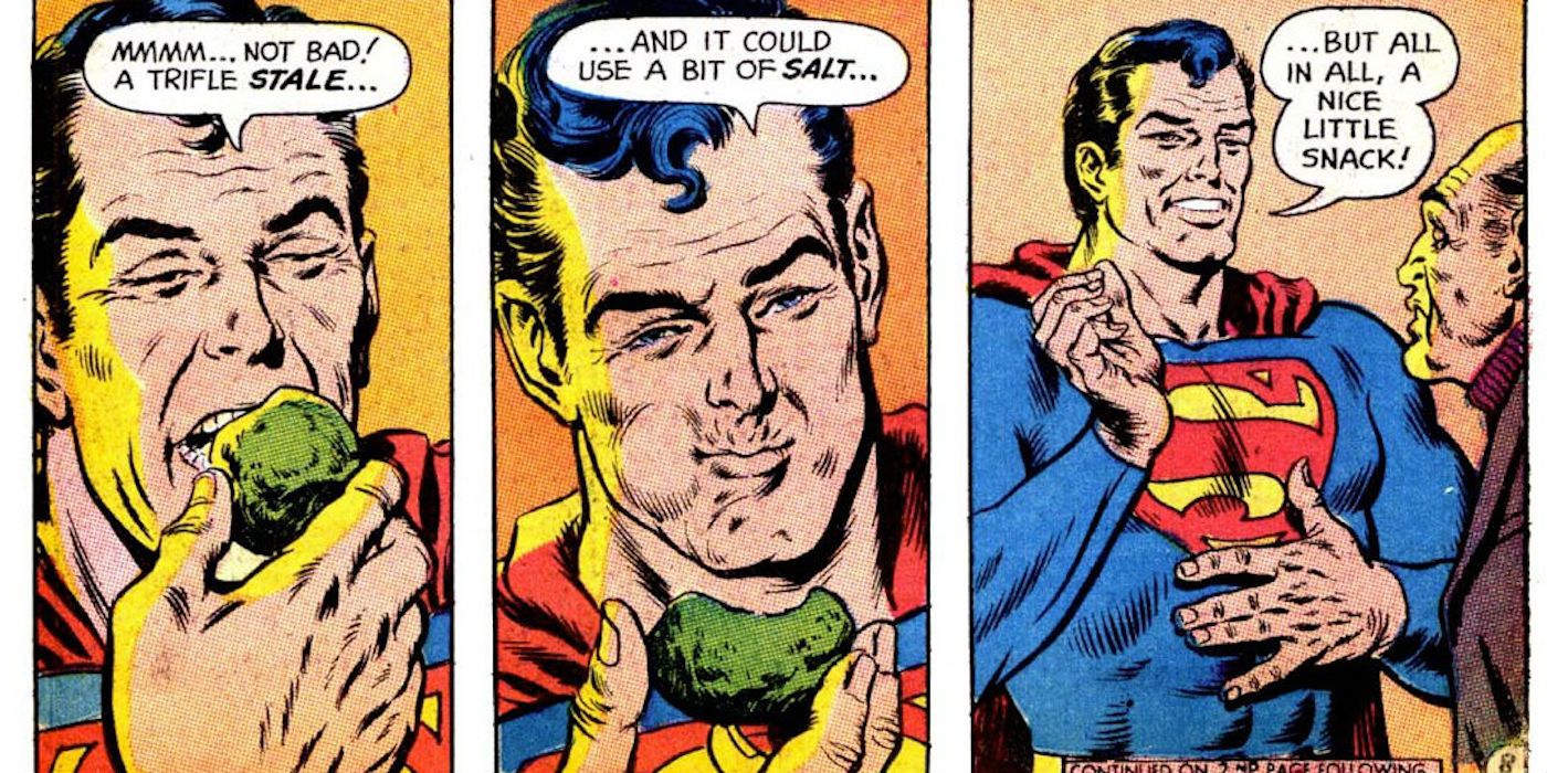 A common criminal stares in shock as DC's Superman casually eats a chunk of Kryptonite.