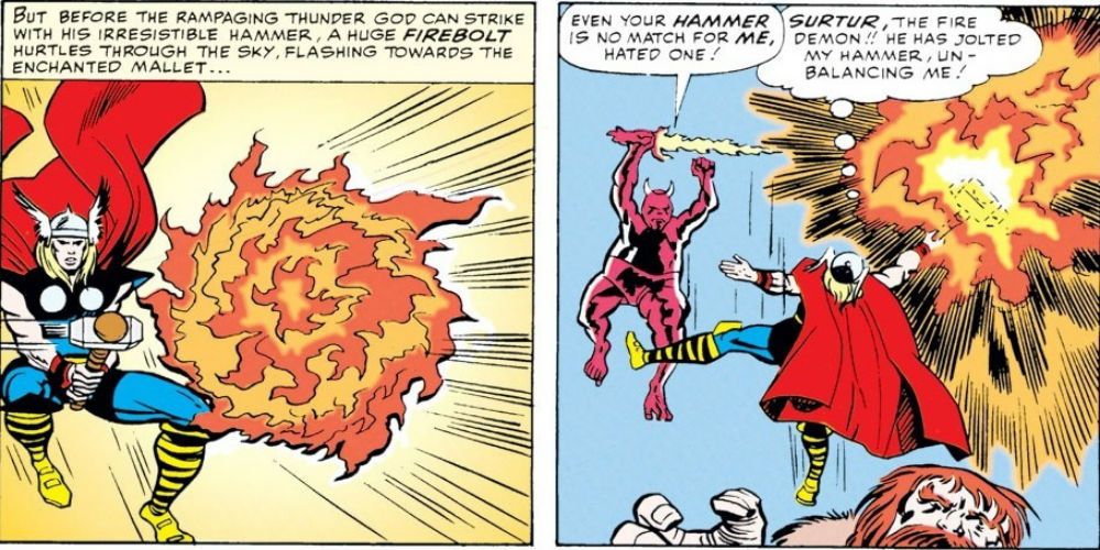 Jack Kirby's depiction of Surtur and Thor's first clash in Marvel Comics