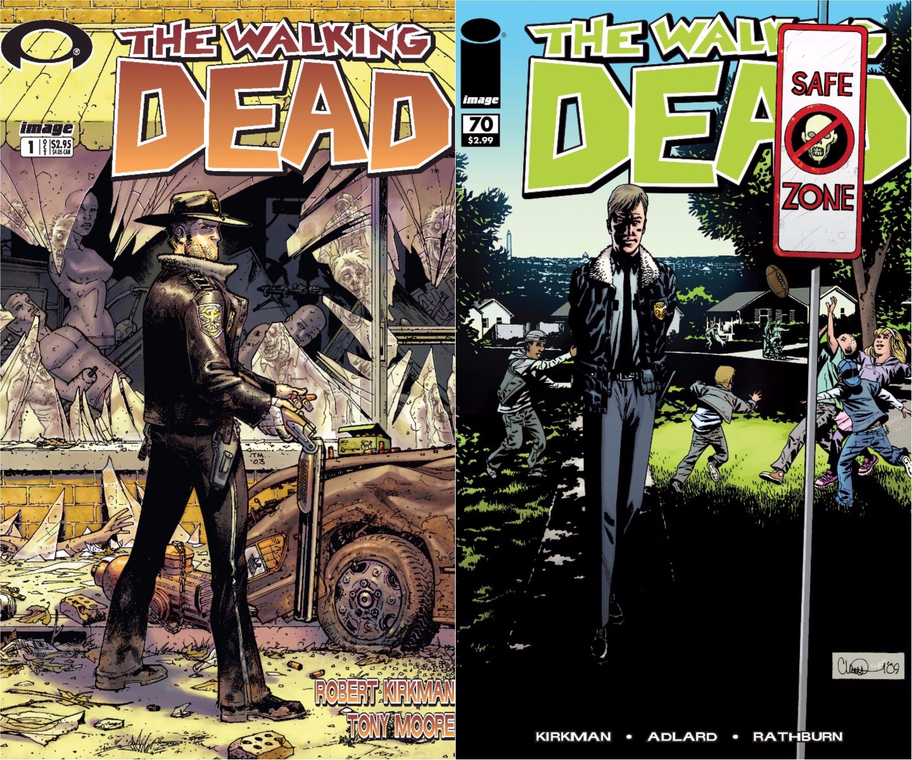 The Walking Dead issue 1 beside issue 70