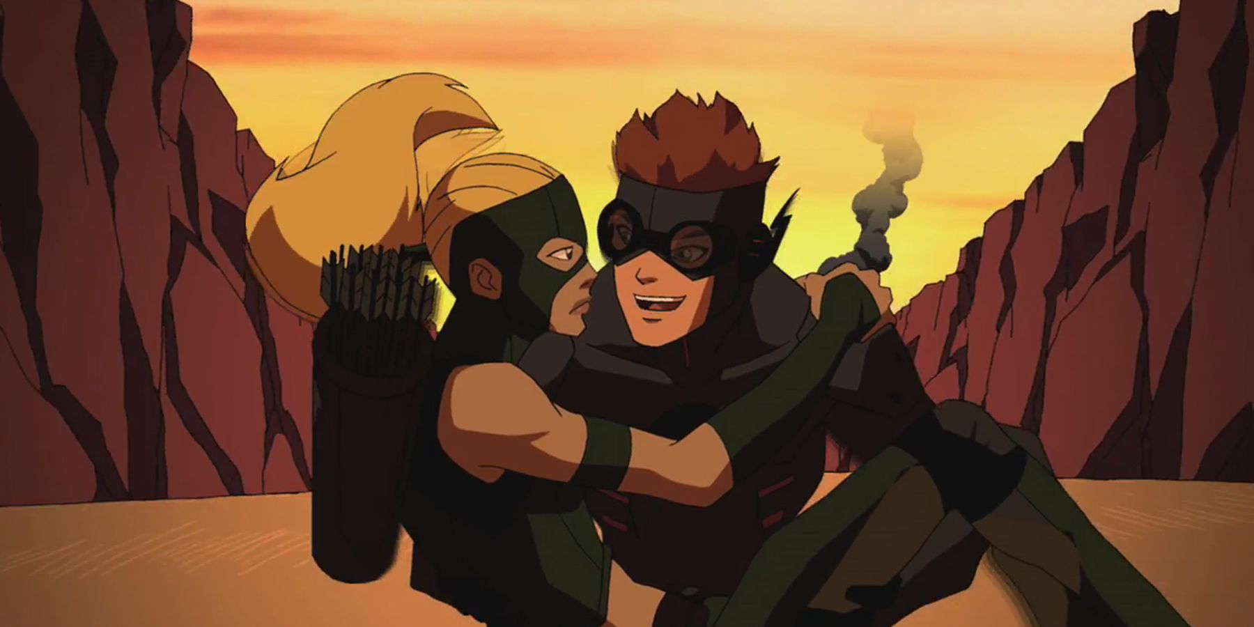 Kid Flash carries  Artemis in Young Justice cartoon