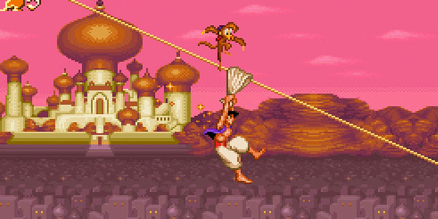 Aladdin gameplay on the SNES; Aladdin ziplining in front of a temple.