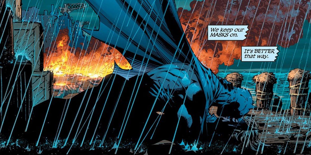 Batman makes out with Black Canary on a dock in the rain with a fire blazing after them