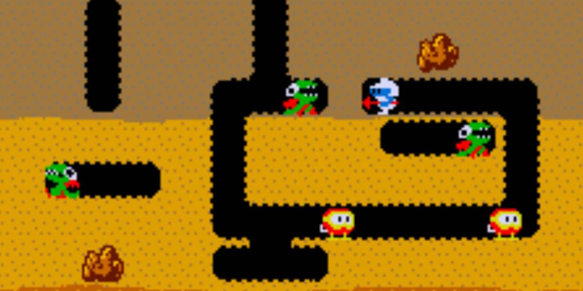 Gameplay of the classic arcade title Dig Dug.