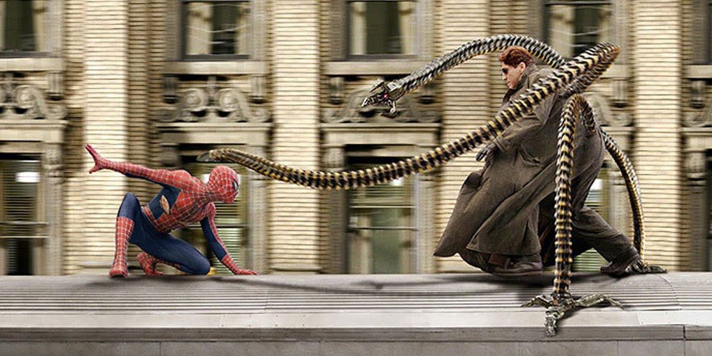 Doc Ock and Spider-Man fighting on top of a bus