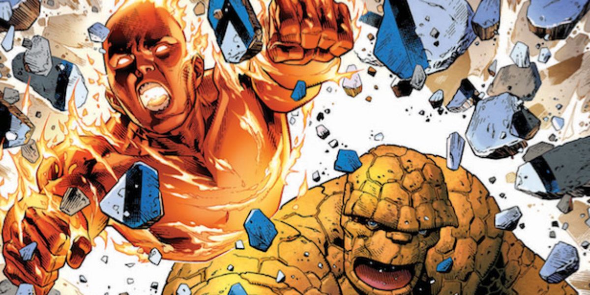 The Fantastic Four's Human Torch and The Thing smashing through a wall in Marvel Comics