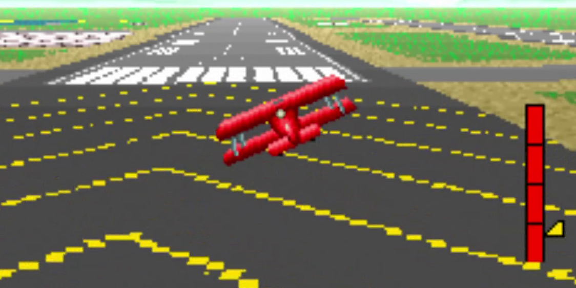 A biplane explores the airport in Pilotwings