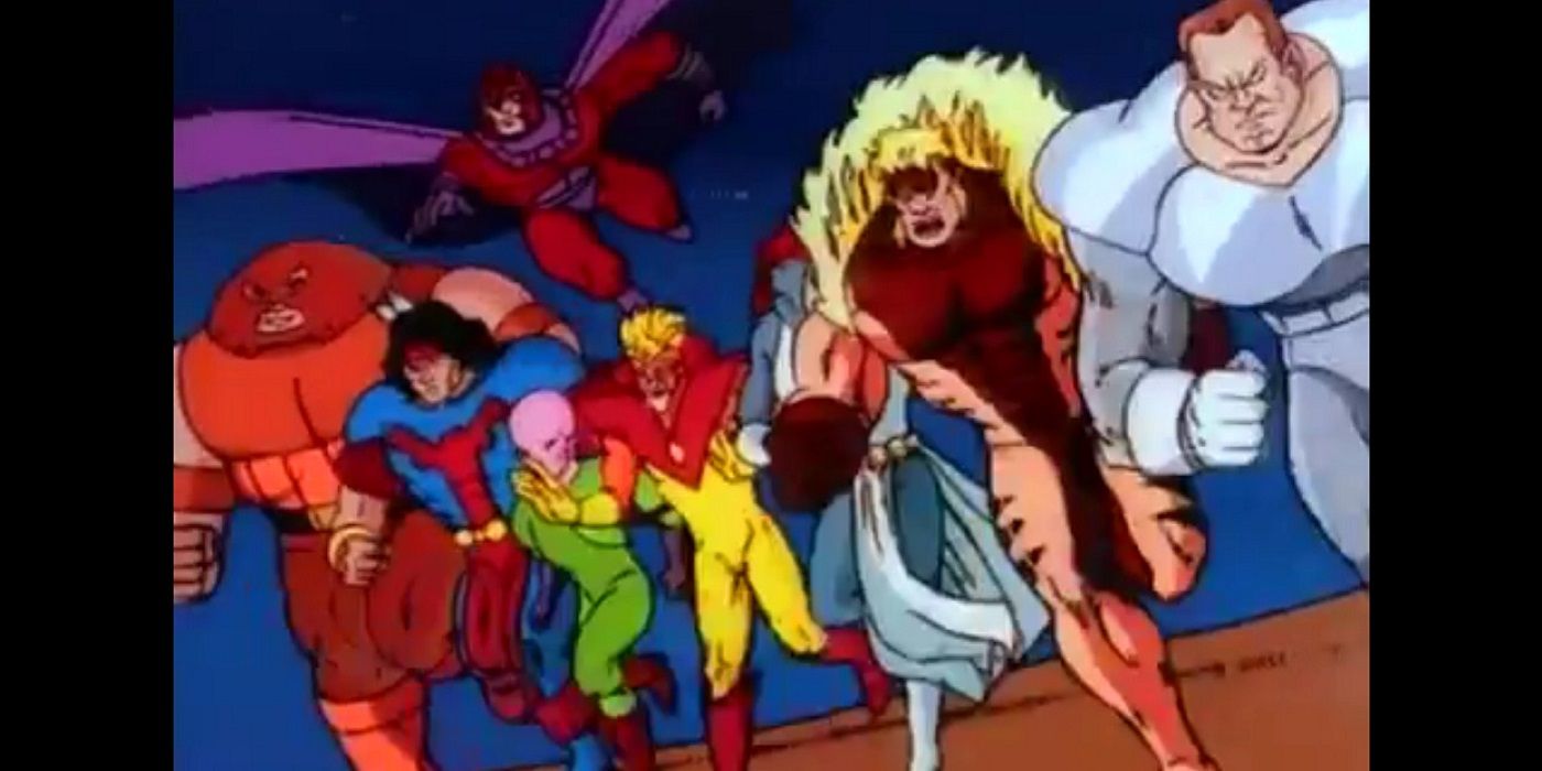 The X-Men villains run toward the heroes in the opening for X-Men: The Animated Series