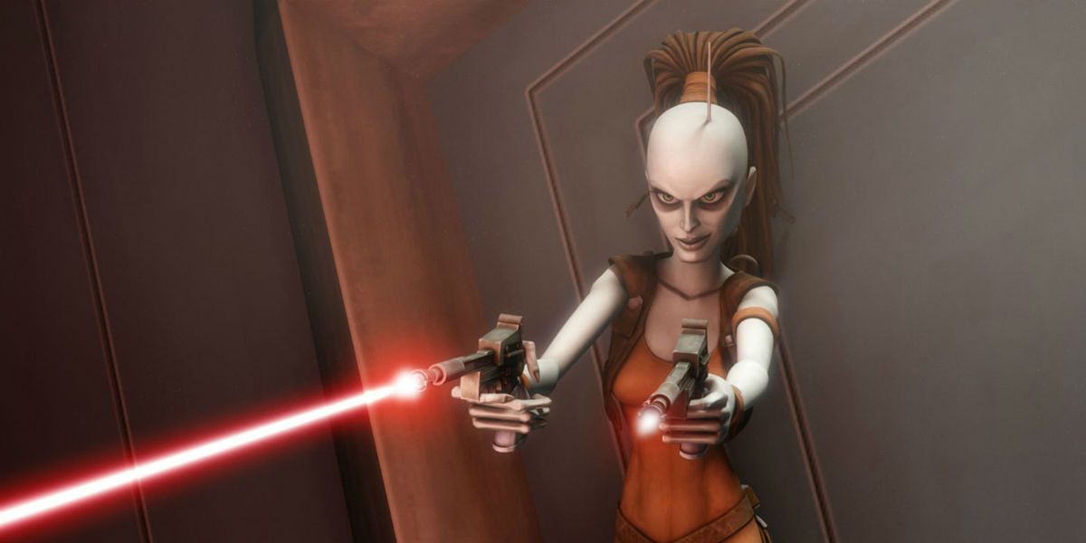 Aurra Sing firing a pair of blaster pistols in Star Wars: The Clone Wars