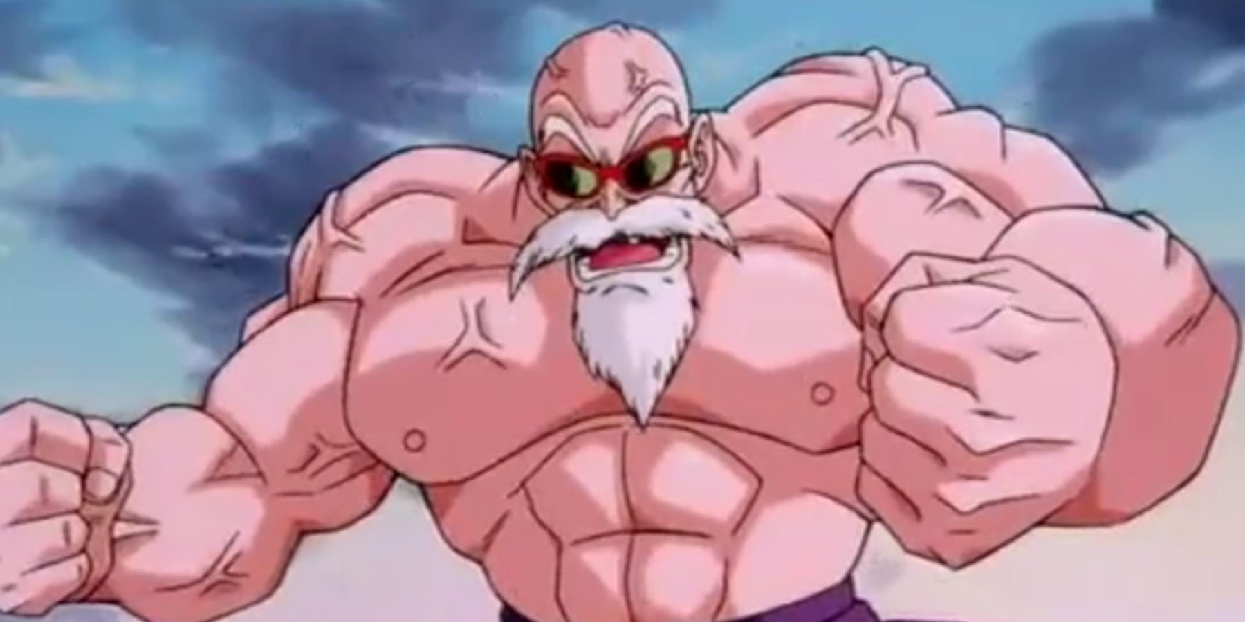 Master Roshi bulks up into his Max Power mode in Dragon Ball