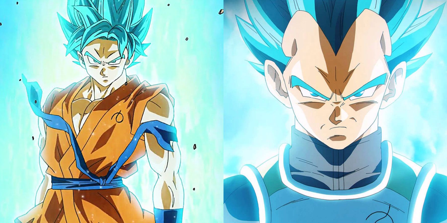 Two panels showing Super Saiyan Blue Goku and Vegeta