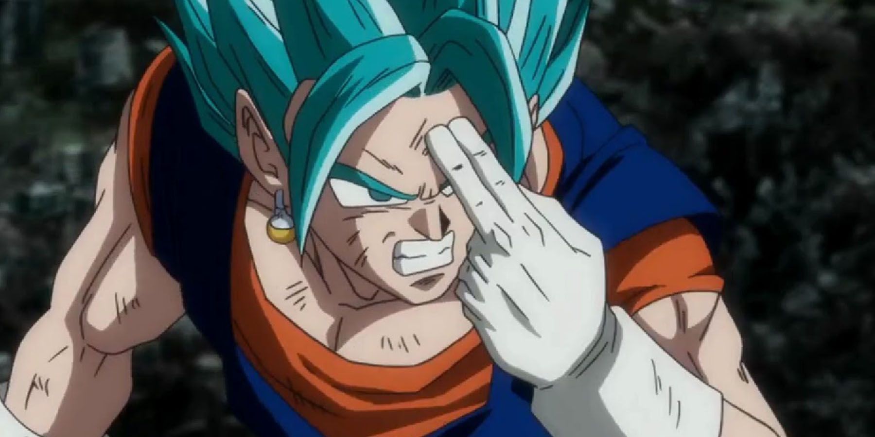 Super Saiyan Blue Vegito places two fingers on his forehead