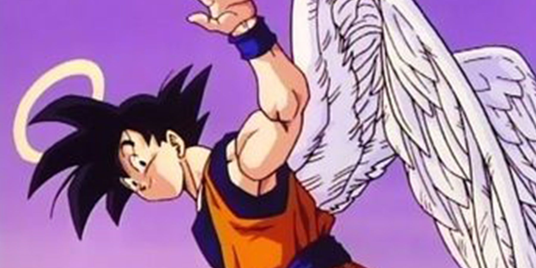 Goku is in his angel form and waving goodbye in Dragon Ball Z