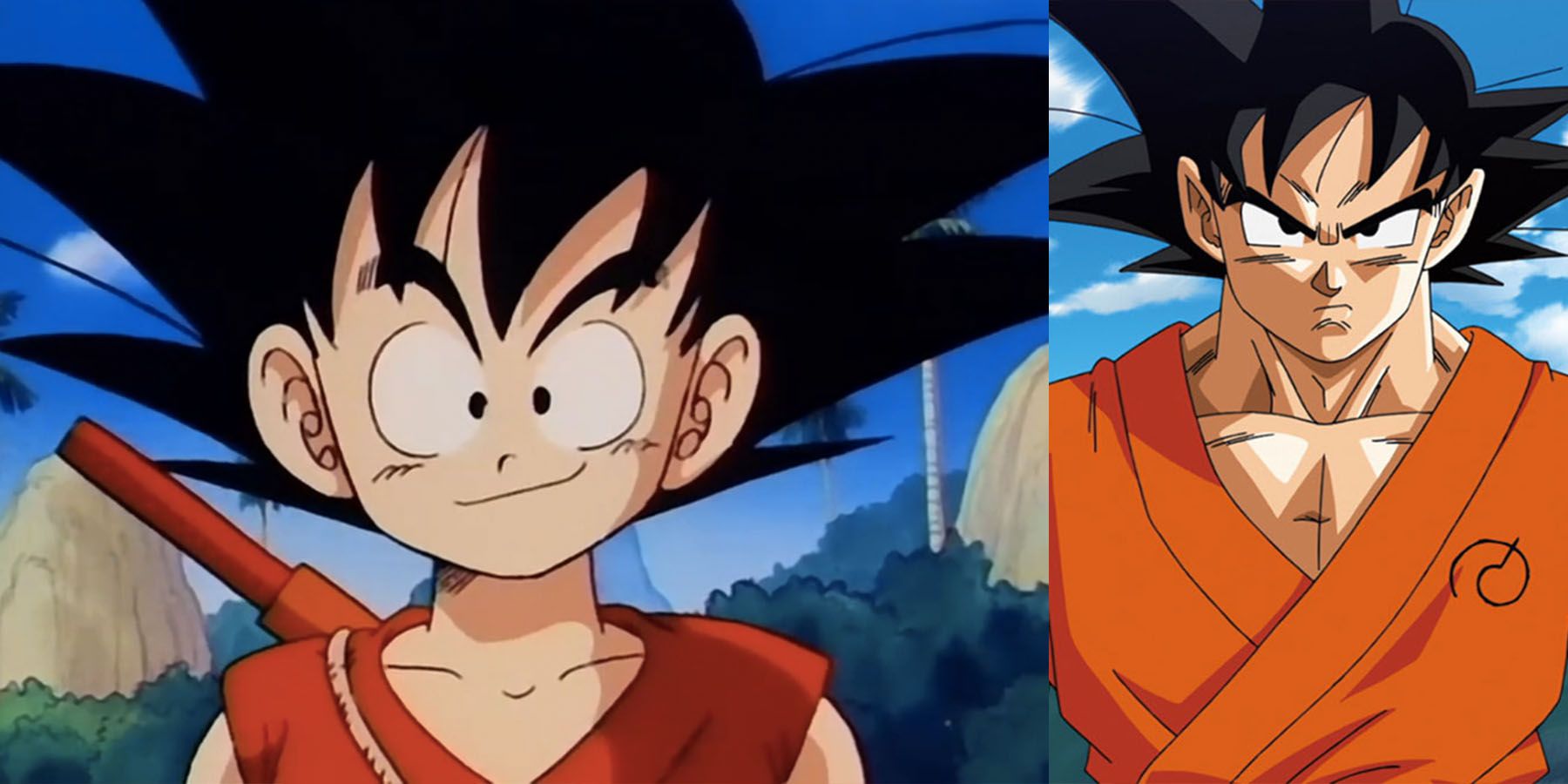 Goku as a boy next to Goku as a man with the same hair