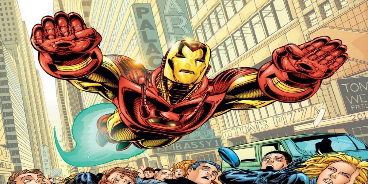 Iron Man flying overhead a bunch of New York citizens