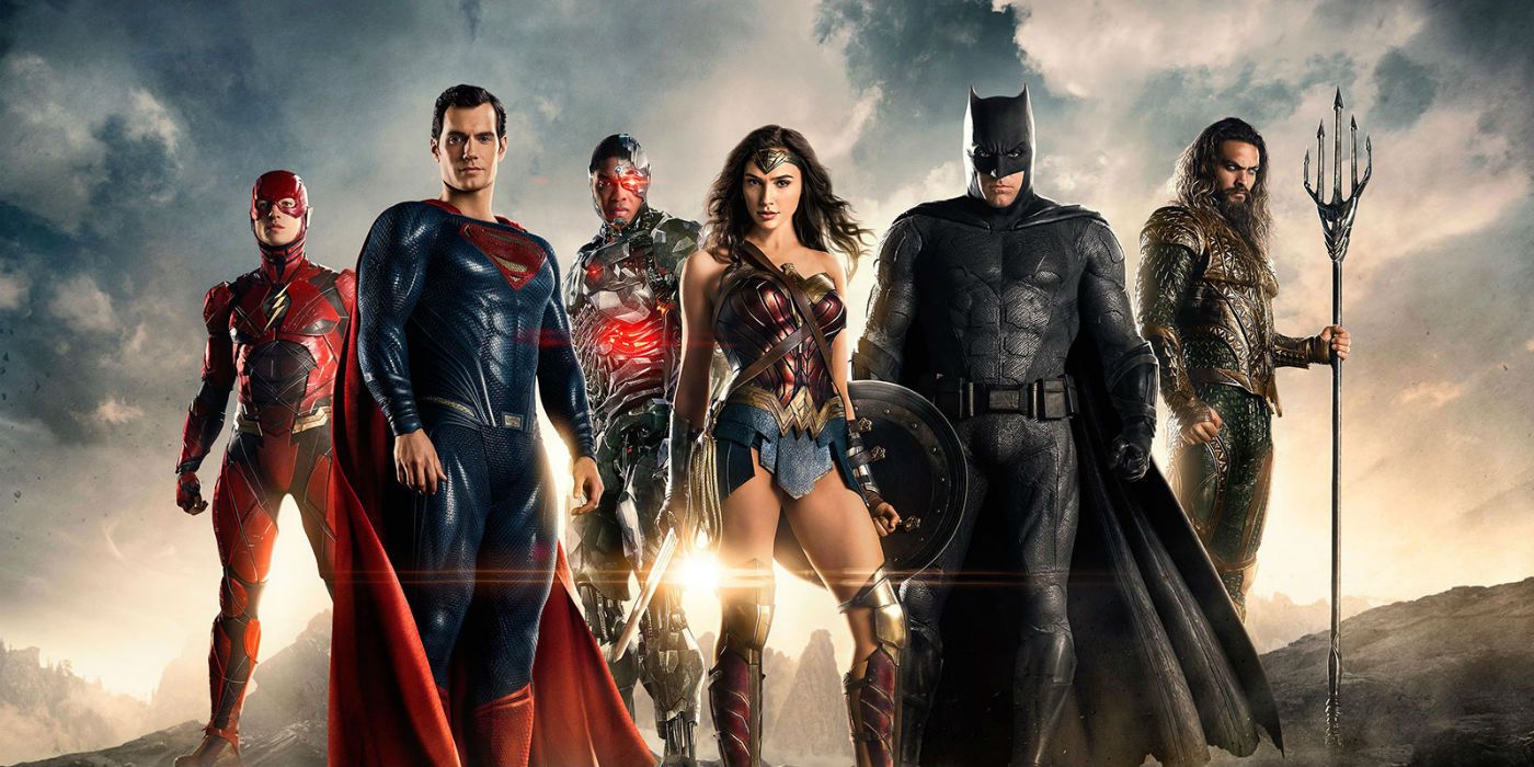 The Flash, Superman, Cyborg, Wonder Woman, Batman, and Aquaman in the original Justice League film