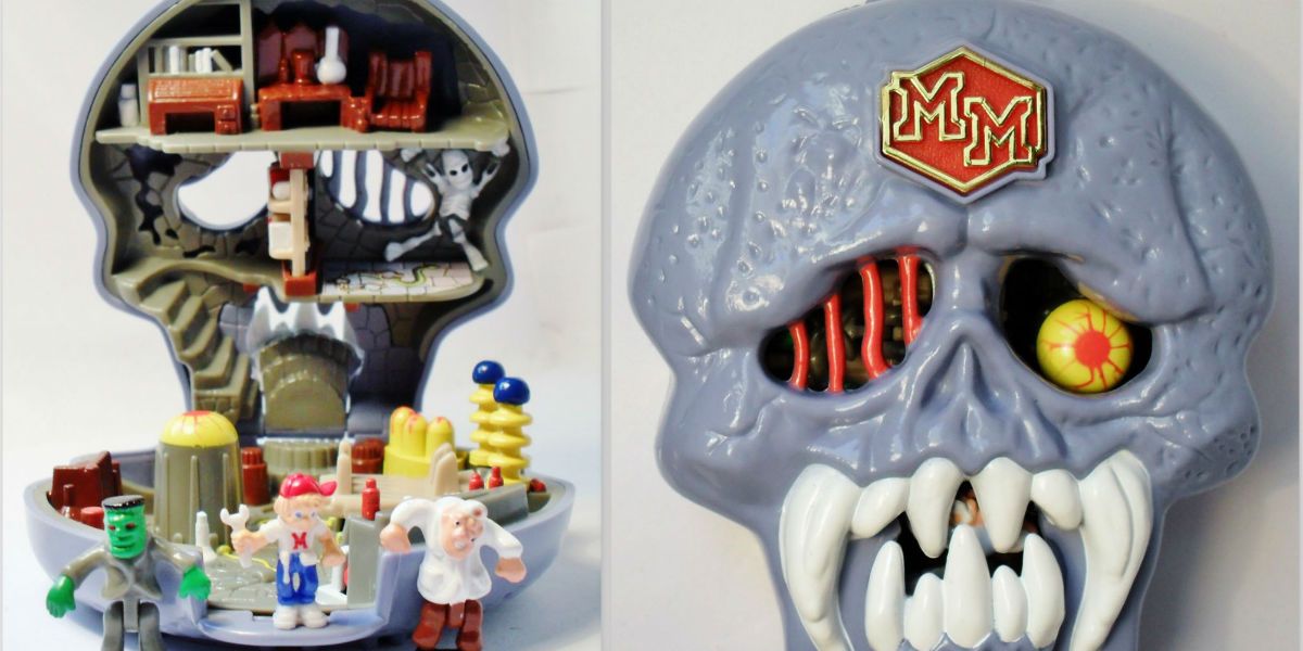 A split image of the Mighty Max playset opened up and the playset closed