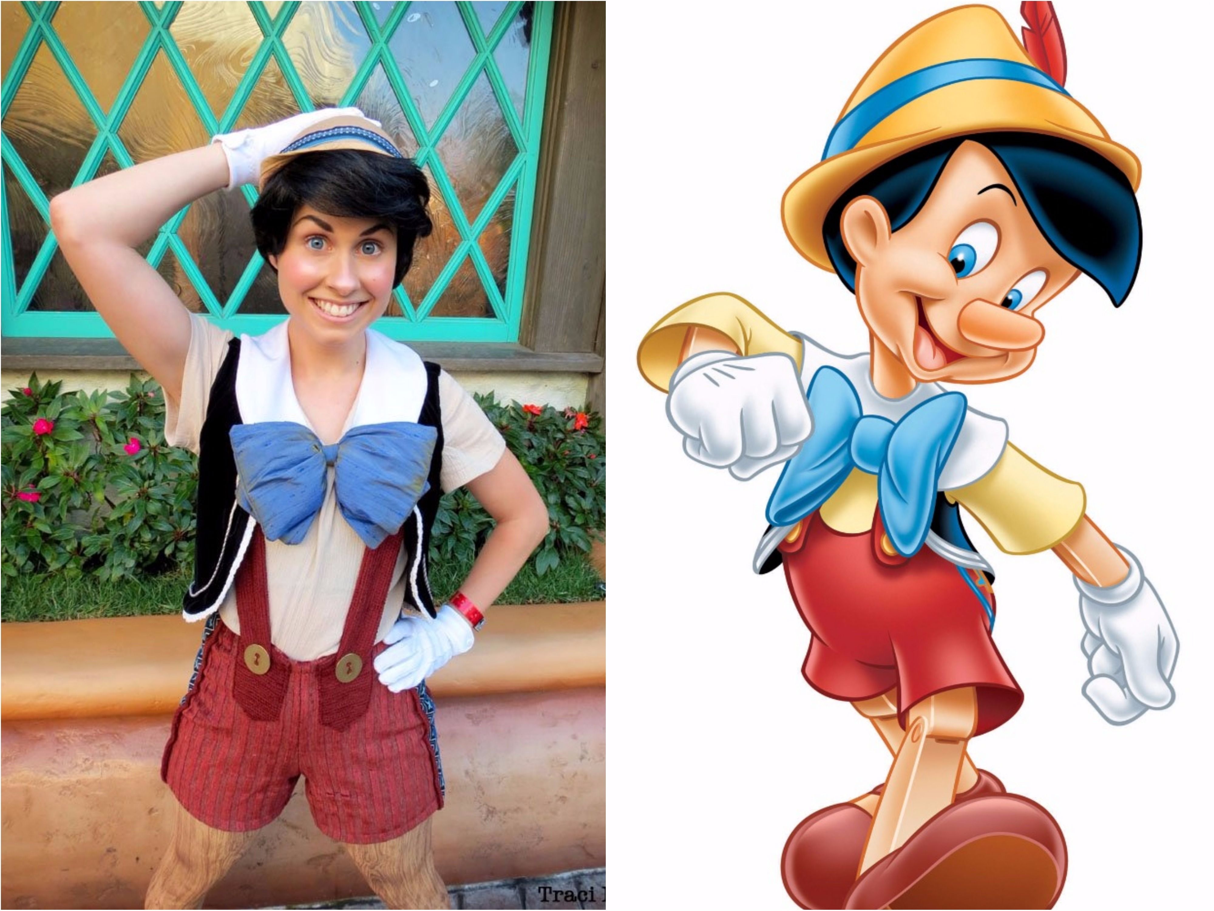 Pinnocchio cosplay beside character picture