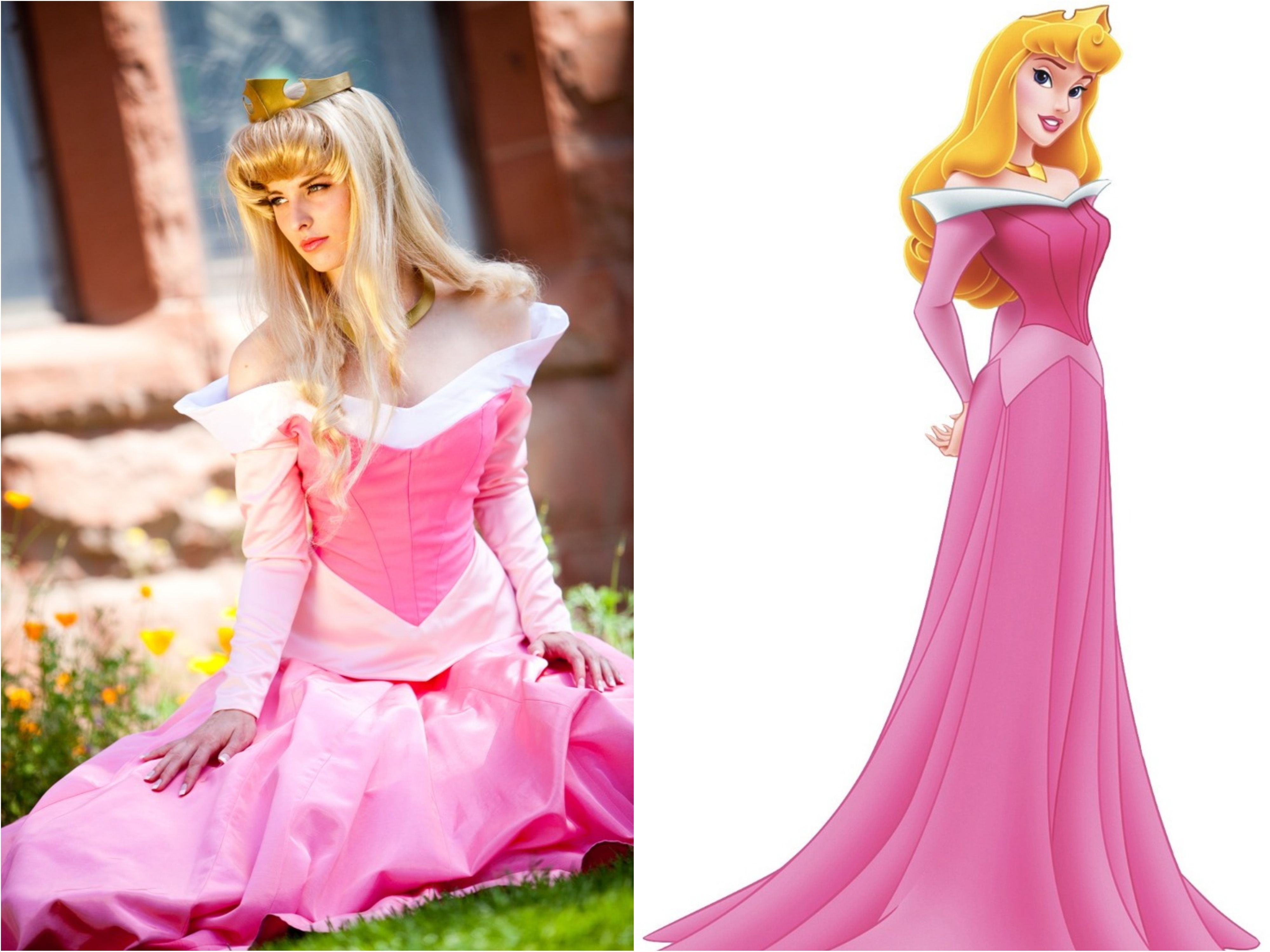 Princess Aurora cosplay beside character picture