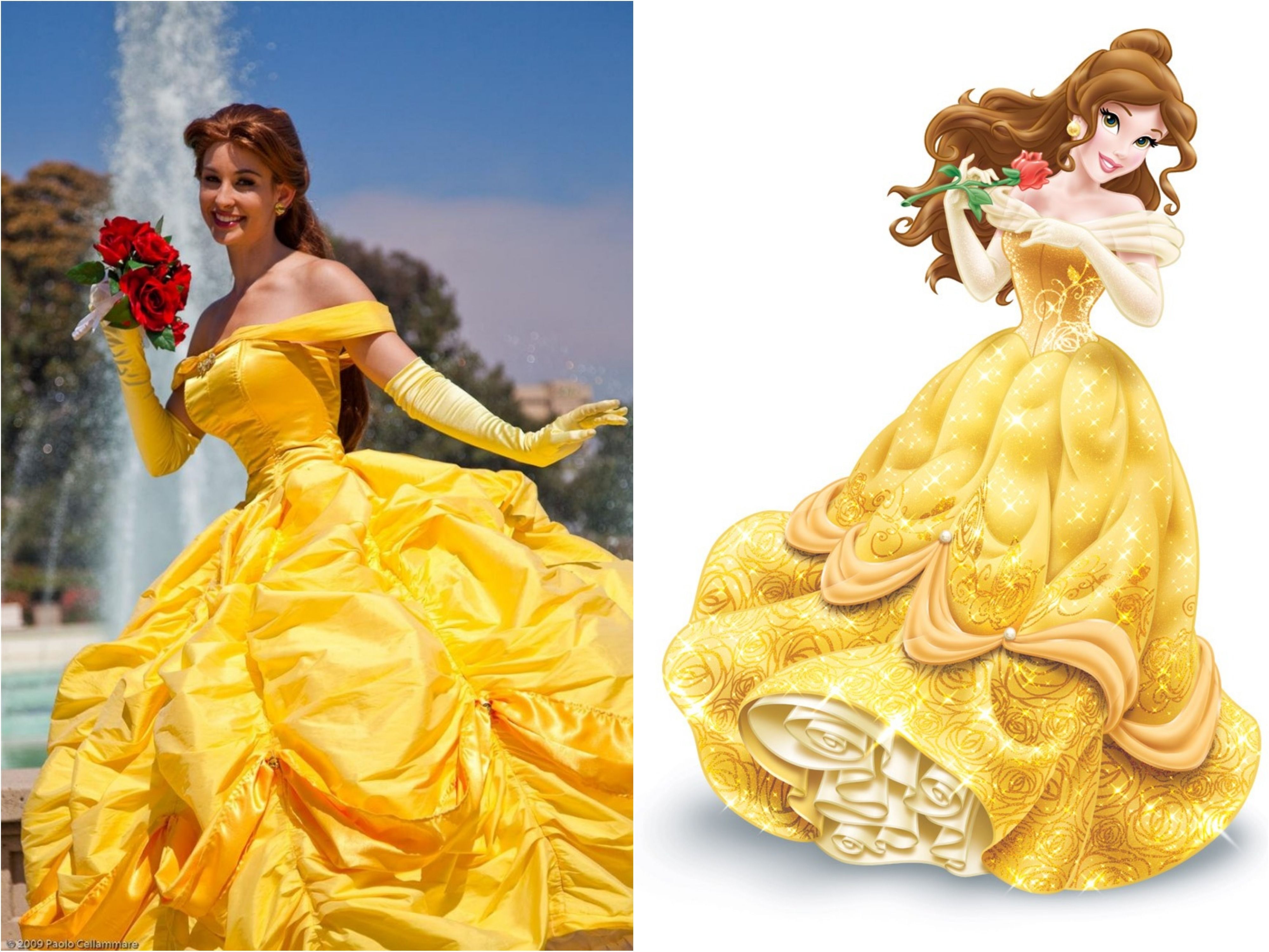 Princess Belle Cosplay beside character picture