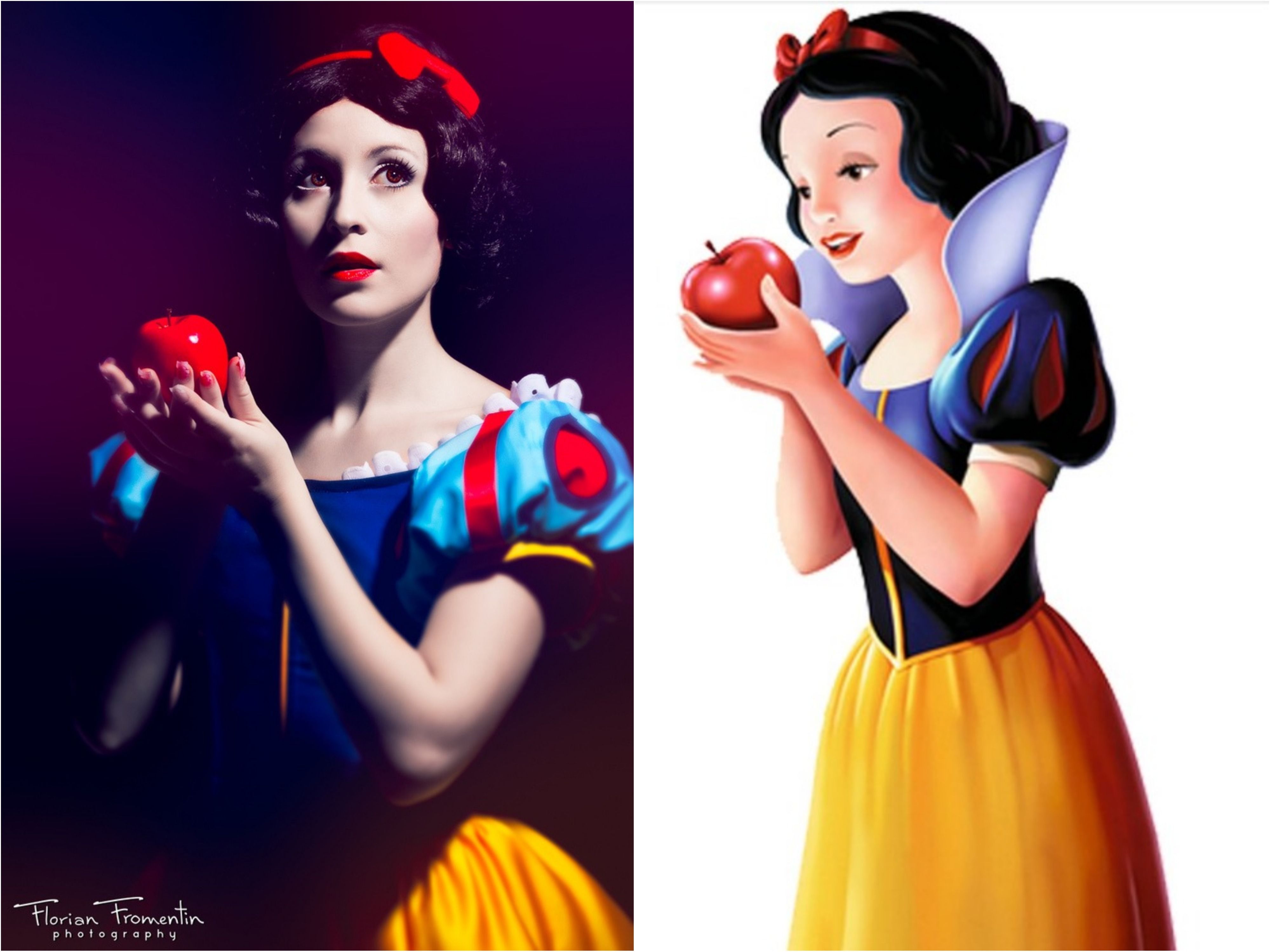 Snow White Cosplay beside character picture