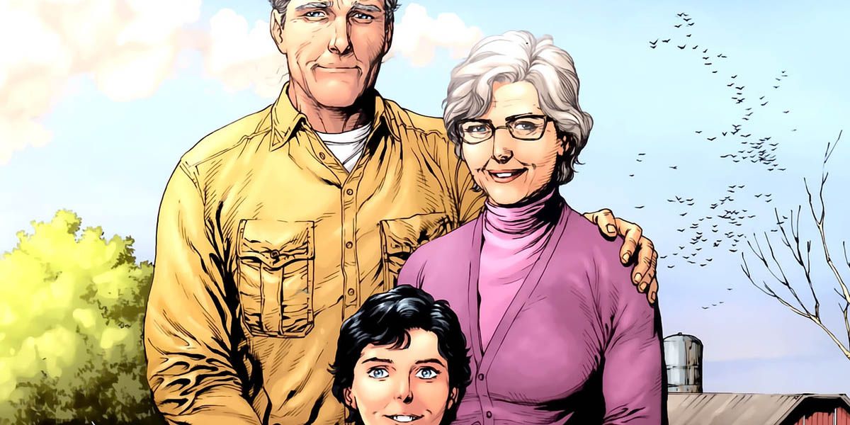 Un joven Clark Kent con Ma y Pa Kent de Superman Secret Origin