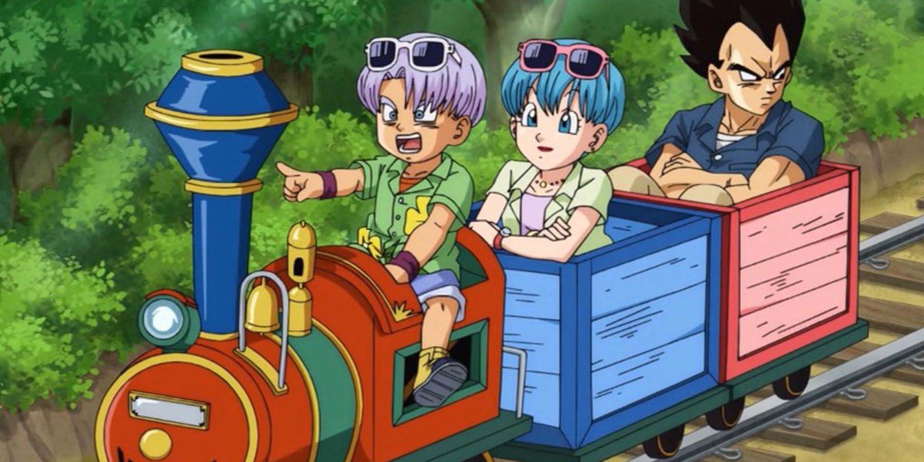 Vegeta, Bulma, and Trunks ride a train on vacation in Dragon Ball Super
