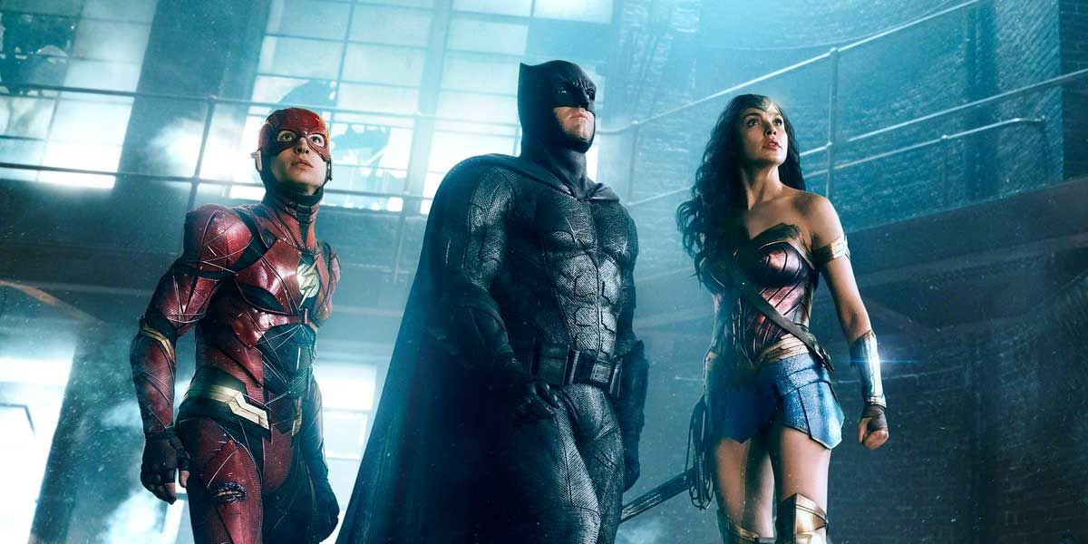 Flash (Ezra Miller), Batman (Ben Affleck) and Wonder Woman (Gal Gadot) in 2017's Justice League