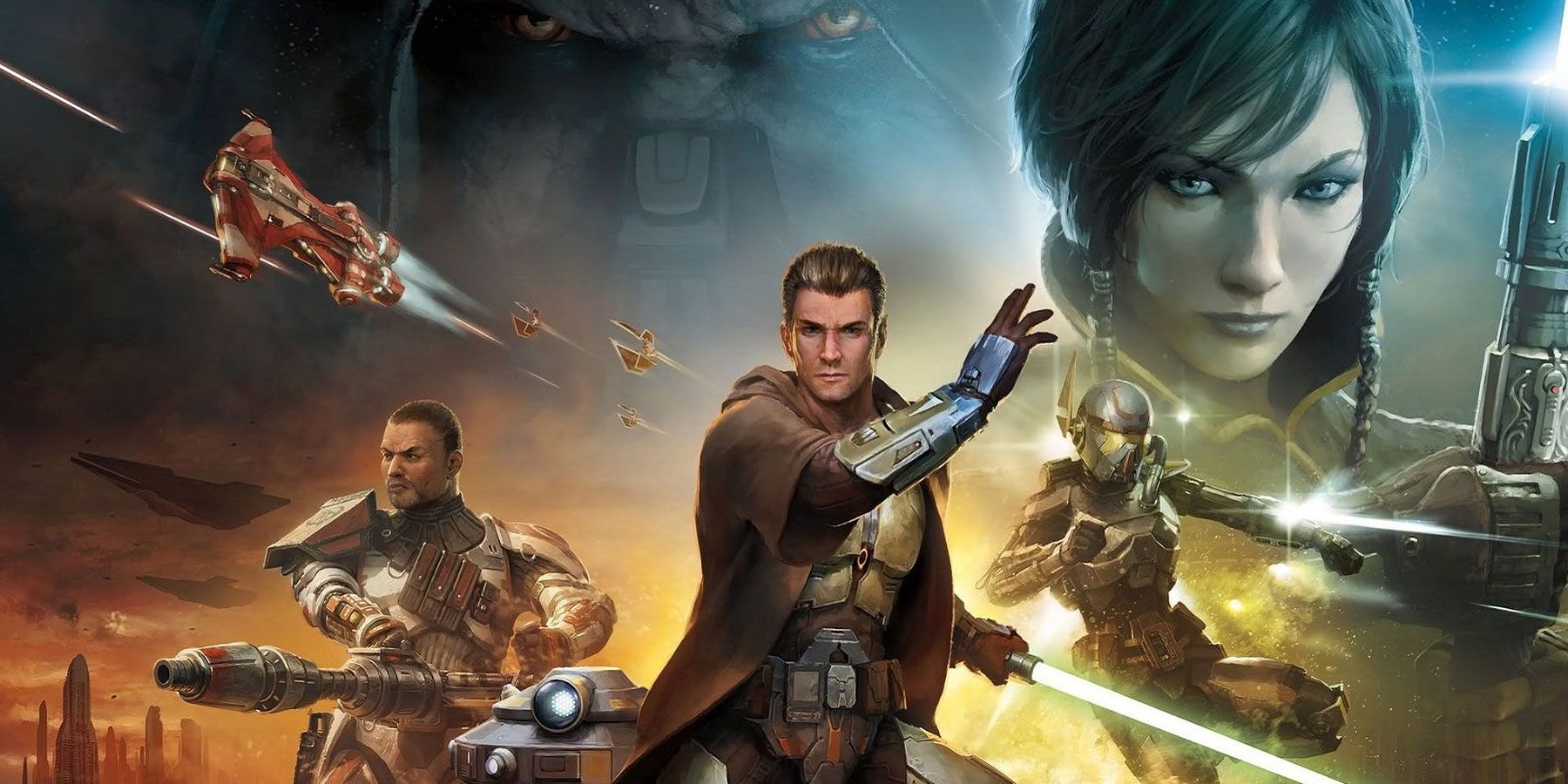A collage of different character classes in key art for Star Wars: The Old Republic MMORPG.