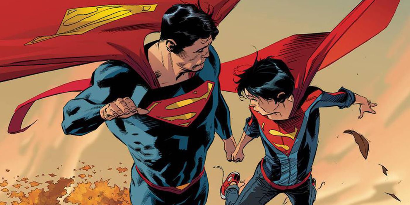 Superman takes to the skies with his son Jonathan Kent flying alongside him.