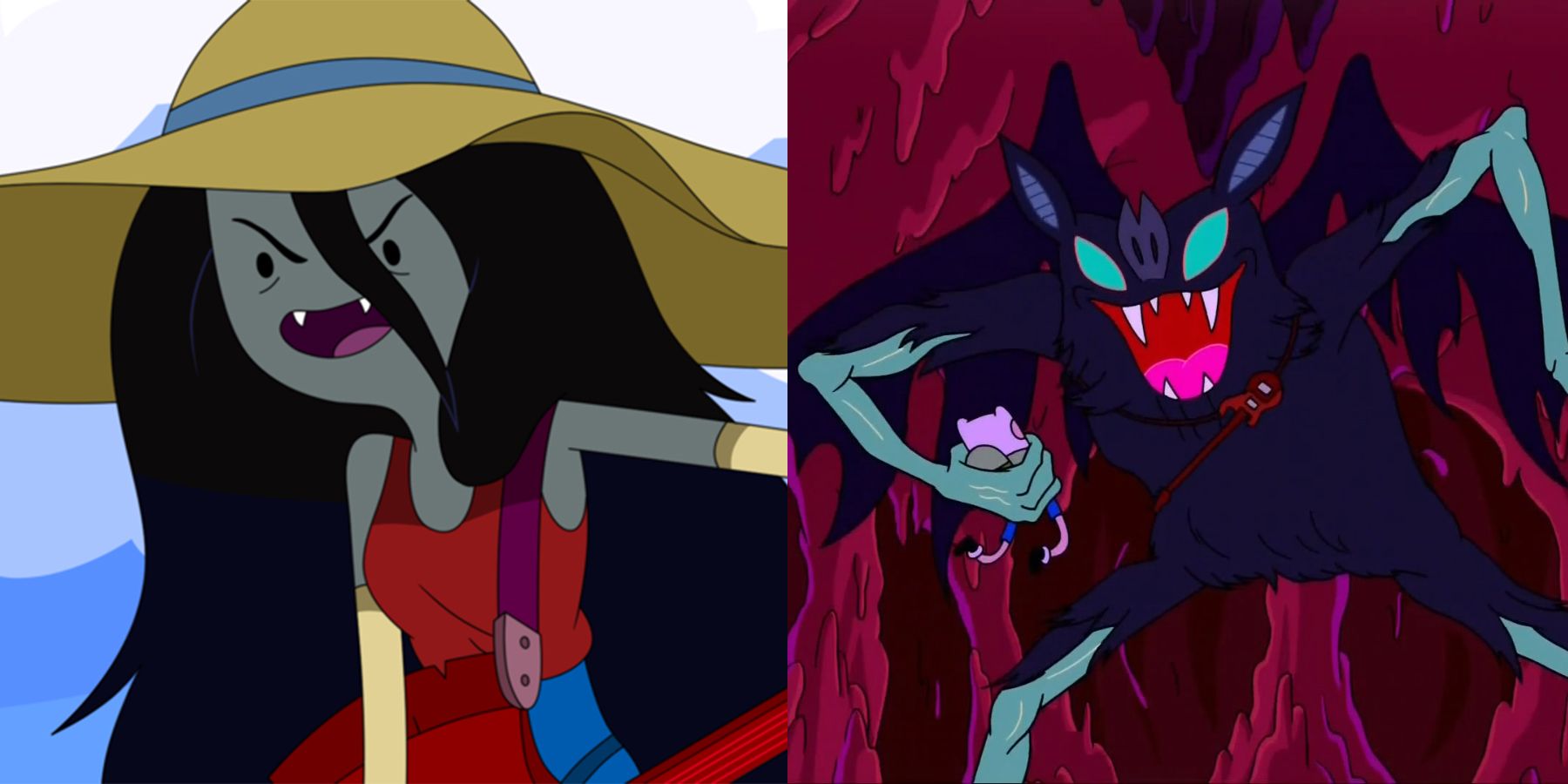A split image of Marceline as a girl and monster in Adventure Time
