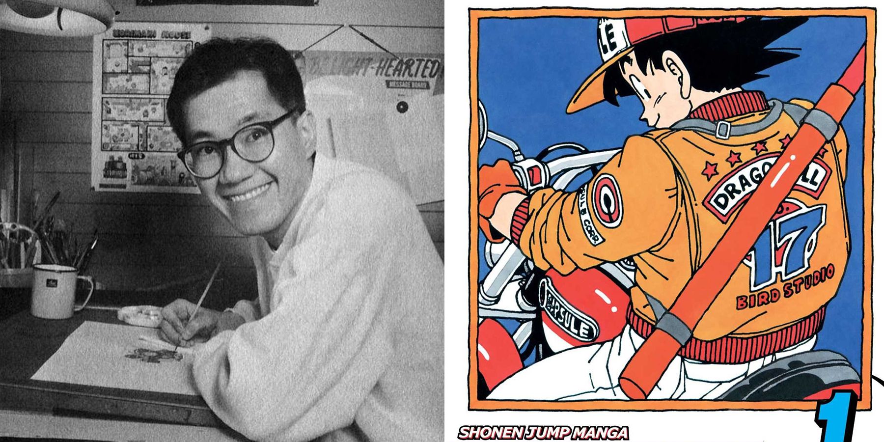 Split image of Akira Toriyama, mangaka behind Dragon Ball, and Goku