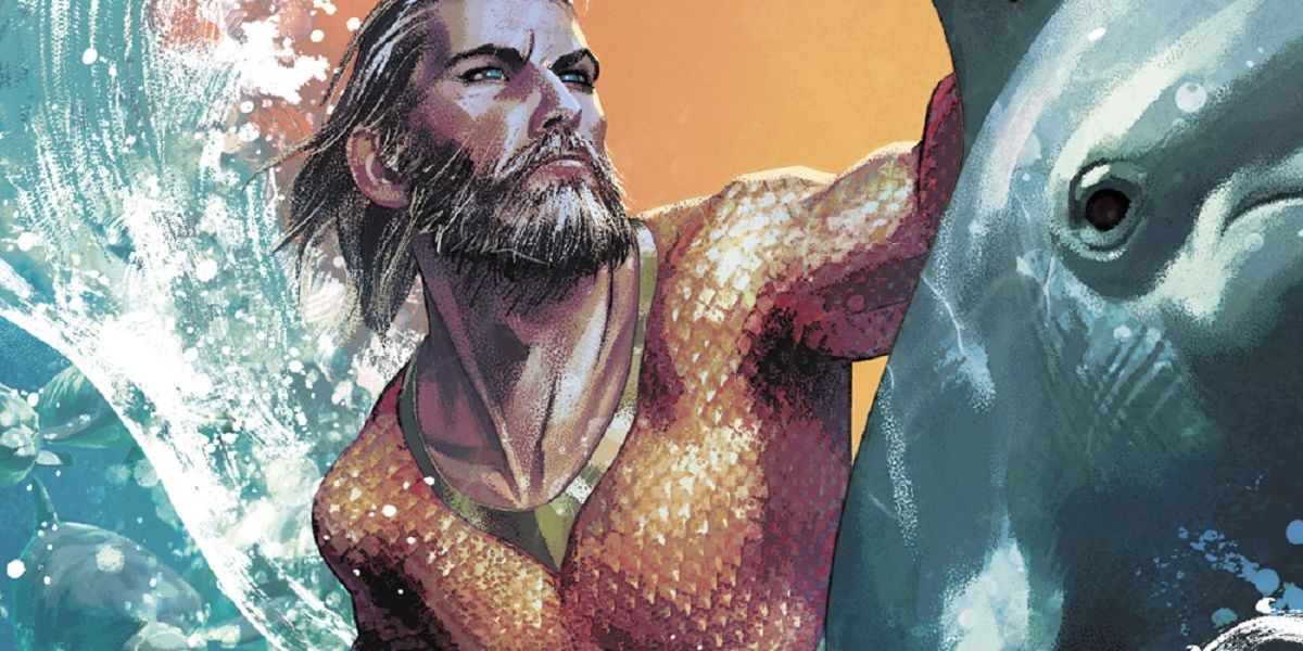 Aquaman riding a dolphin in DC Comics