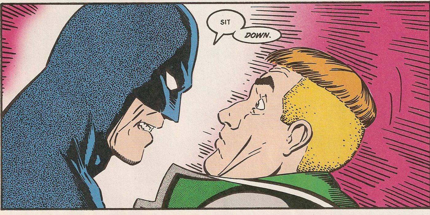 Batman telling Guy Gardner to sit down, frightening the usually abrasive and rebelious Lantern.