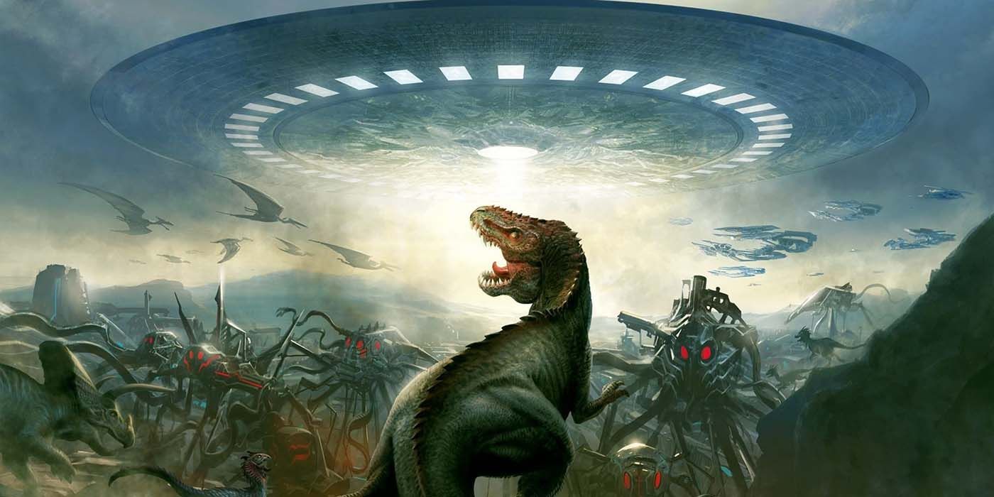 T-Rex looks at a flying saucer and invading aliens