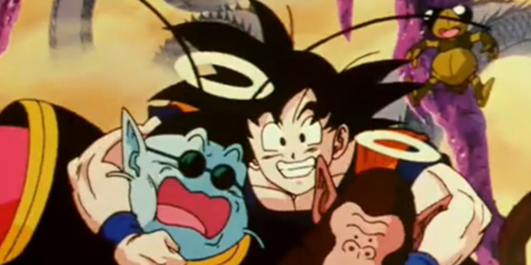 Dead Goku hugs King Kai, Bubbles and Gregory The Cricket