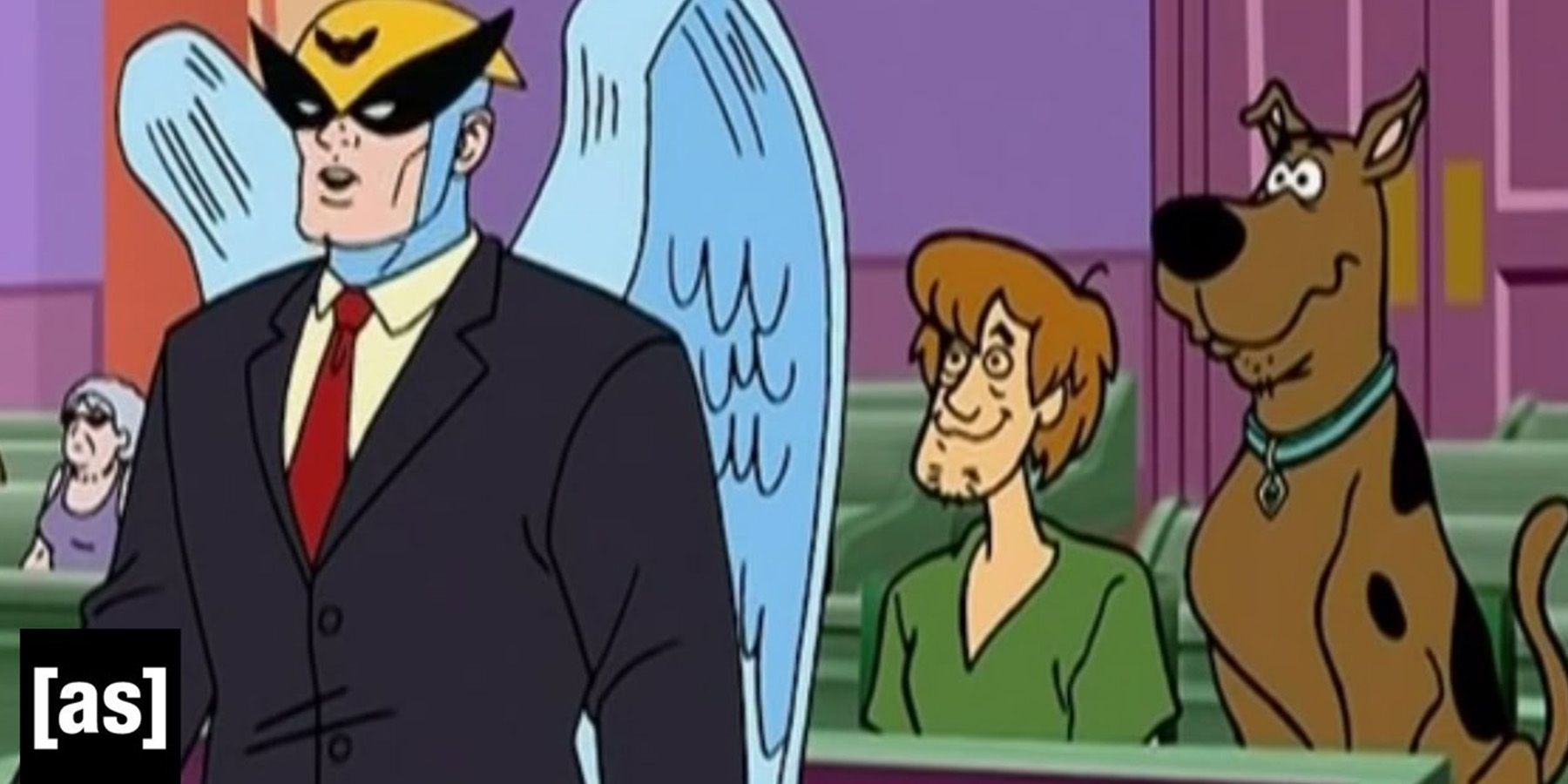 Harvey Birdman as a Lawyer, defending Scooby and Shaggy in court