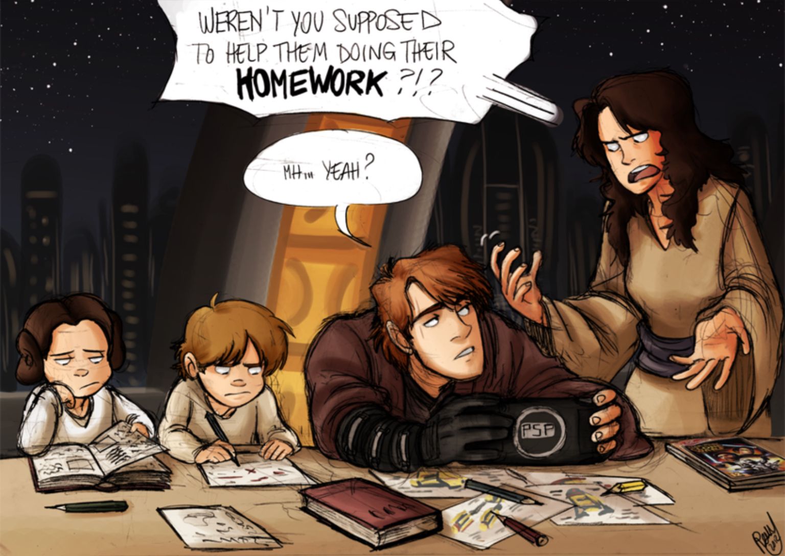 Anakin Helping Luke and Leia with their Homework