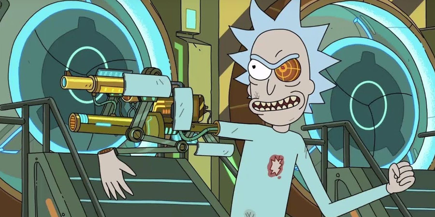 Cybernetic Rick Sanchez deploying a laser cannon in Rick & Morty