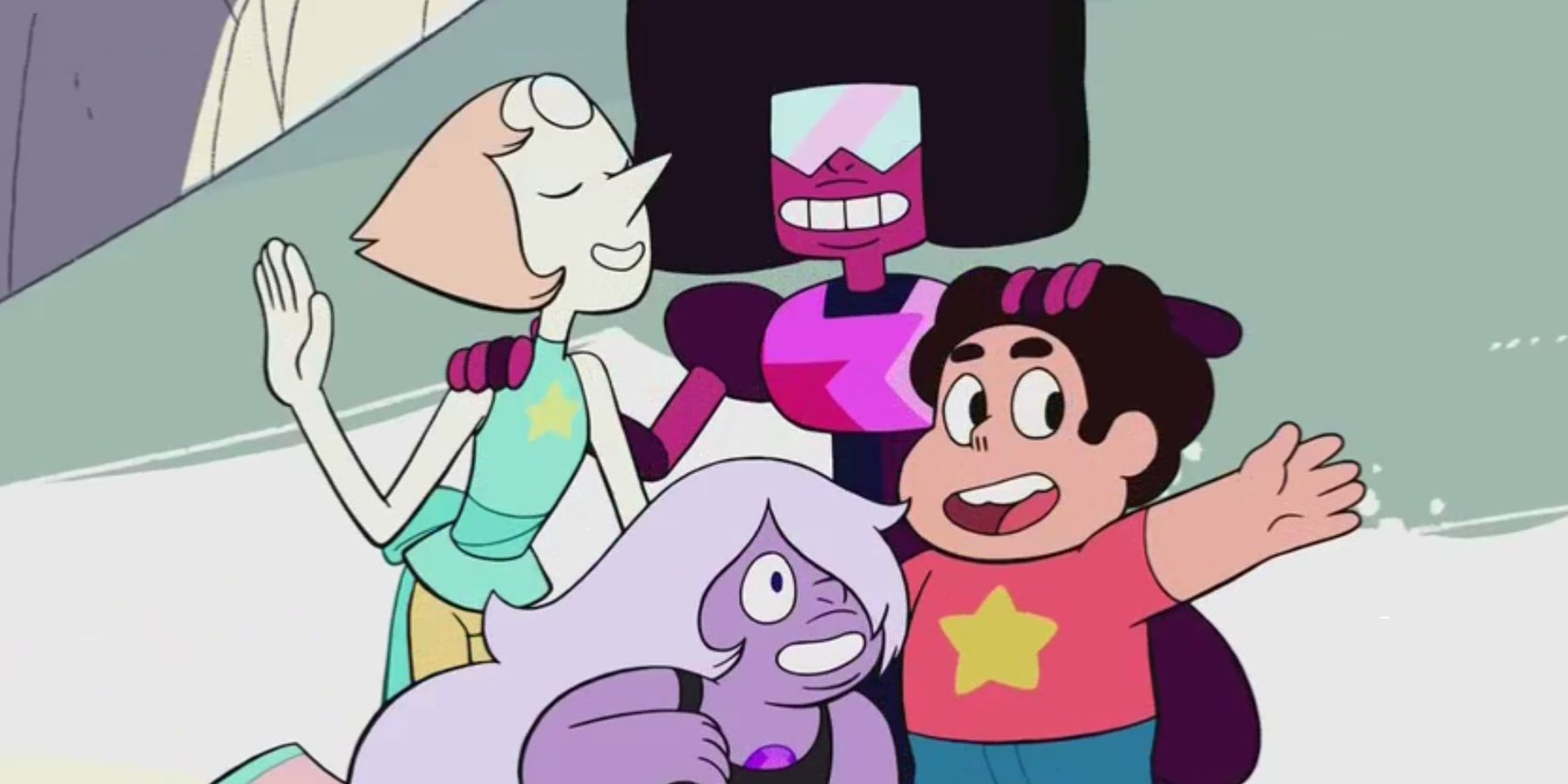 Steven Universe together with Crystal Gems, Garnet, Amethyst, and Pearl.