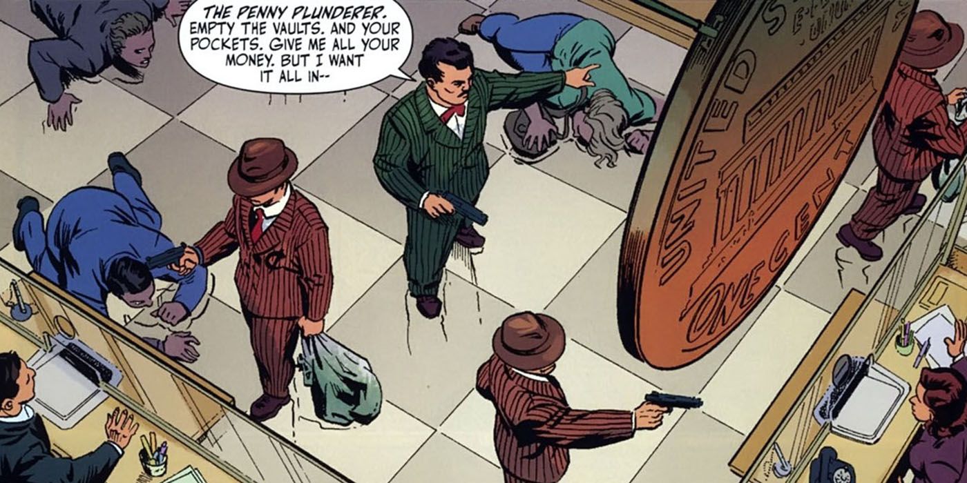 The Penny Plunderer from DC Comics in the midst of a bank heist.