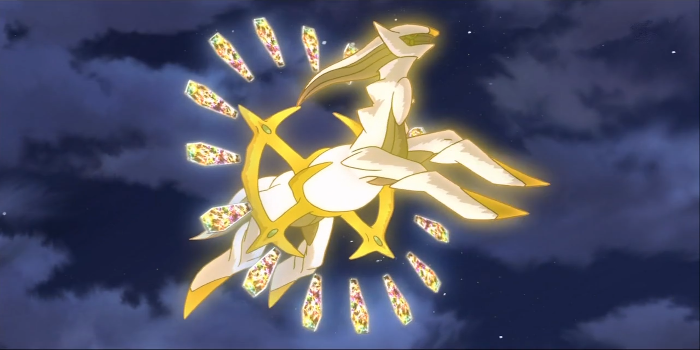 Arceus flies through the skies in Pokemon