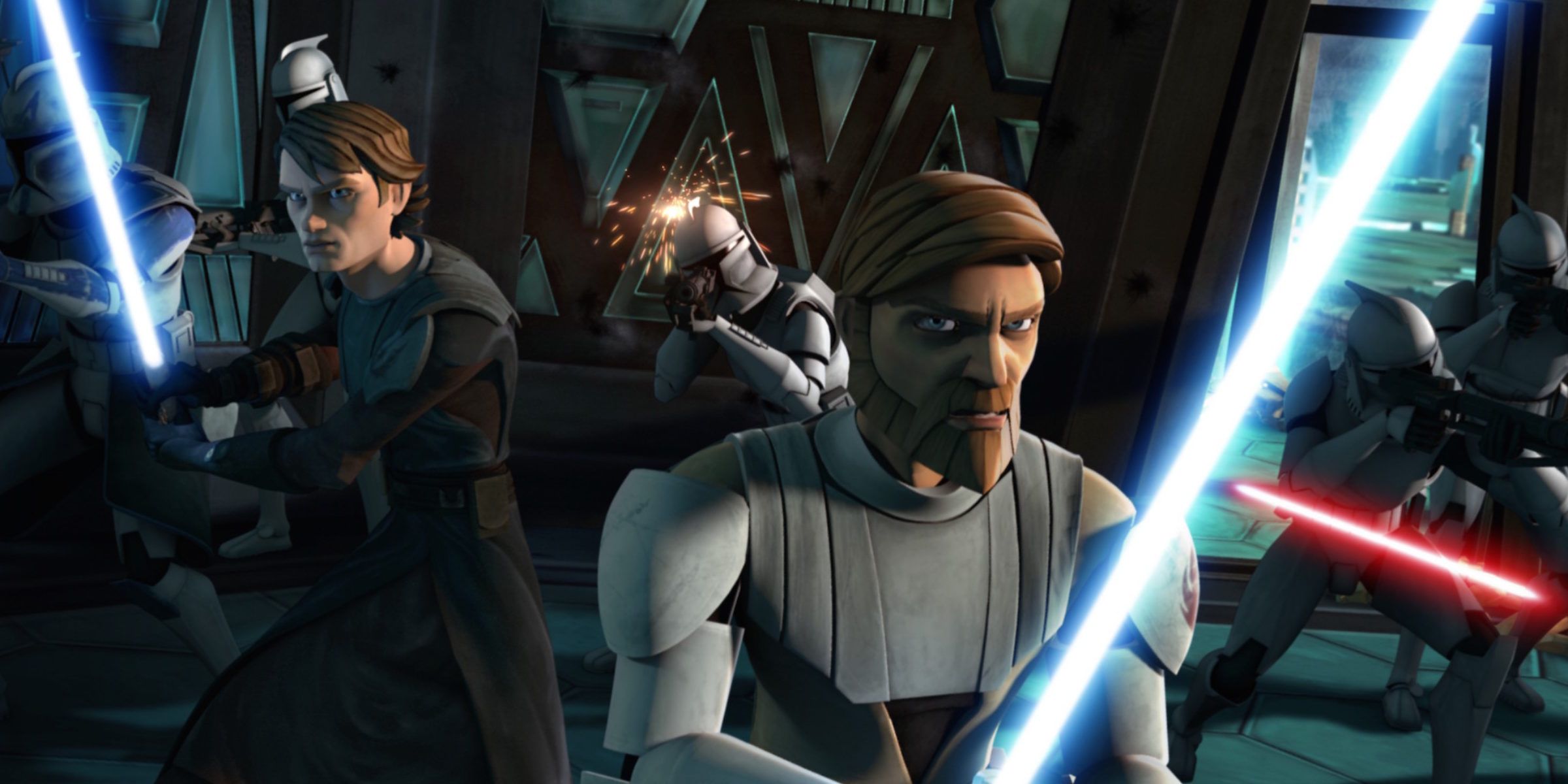 Anakin and Obi-Wan fighting in The Clone Wars.