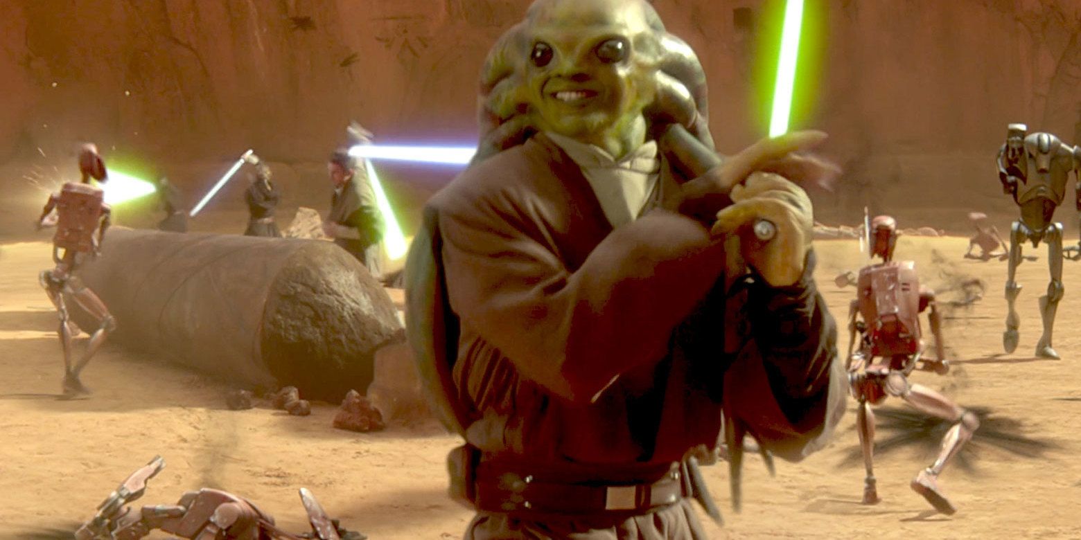 Star Wars Jedi Kit Fisto empunhando seu sabre de luz em Geonosis
