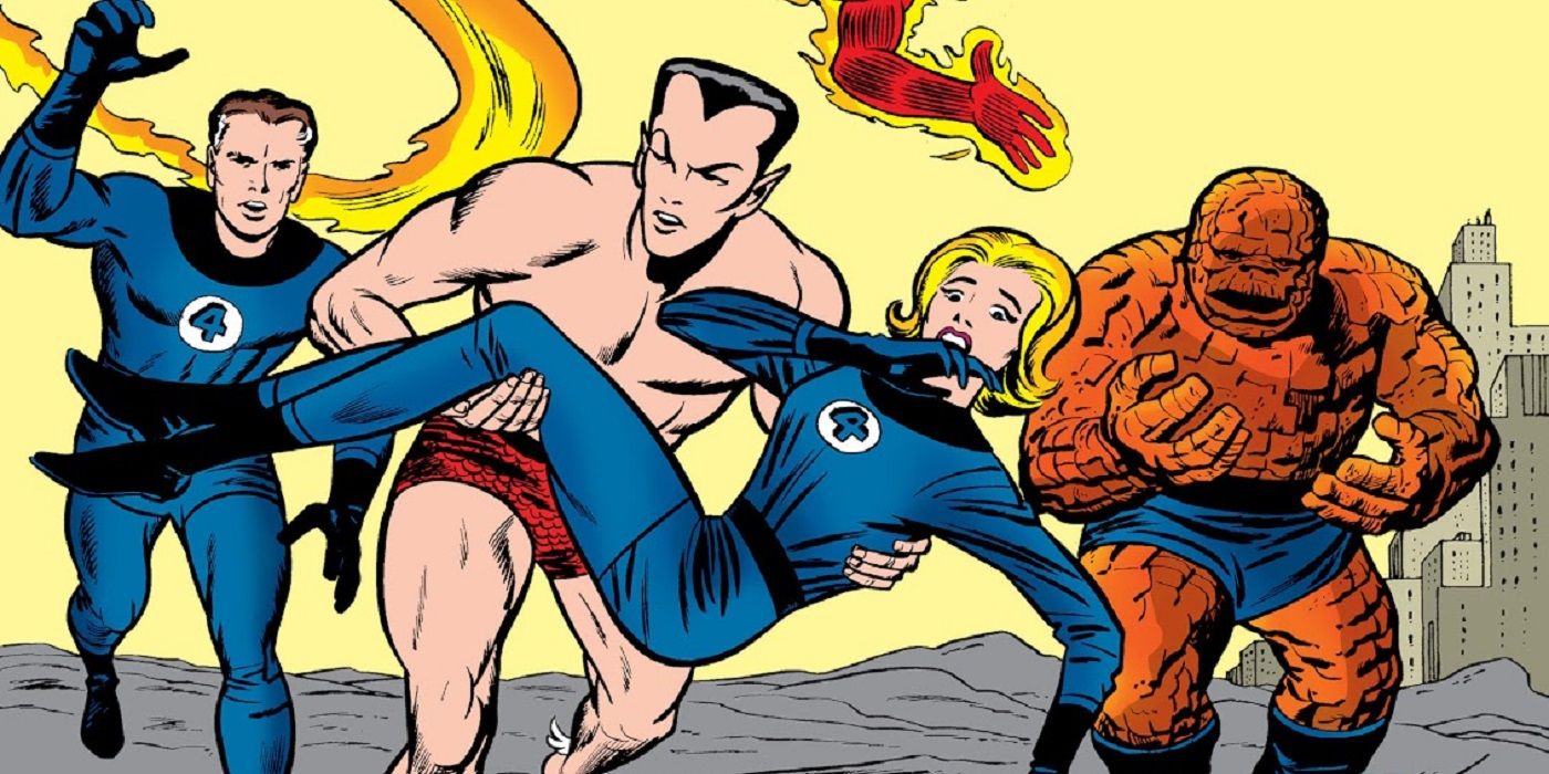 Imagem de Jack Kirby de Namor carregando Sue Storm, perseguida pelo Quarteto Fantástico na Marvel Comics