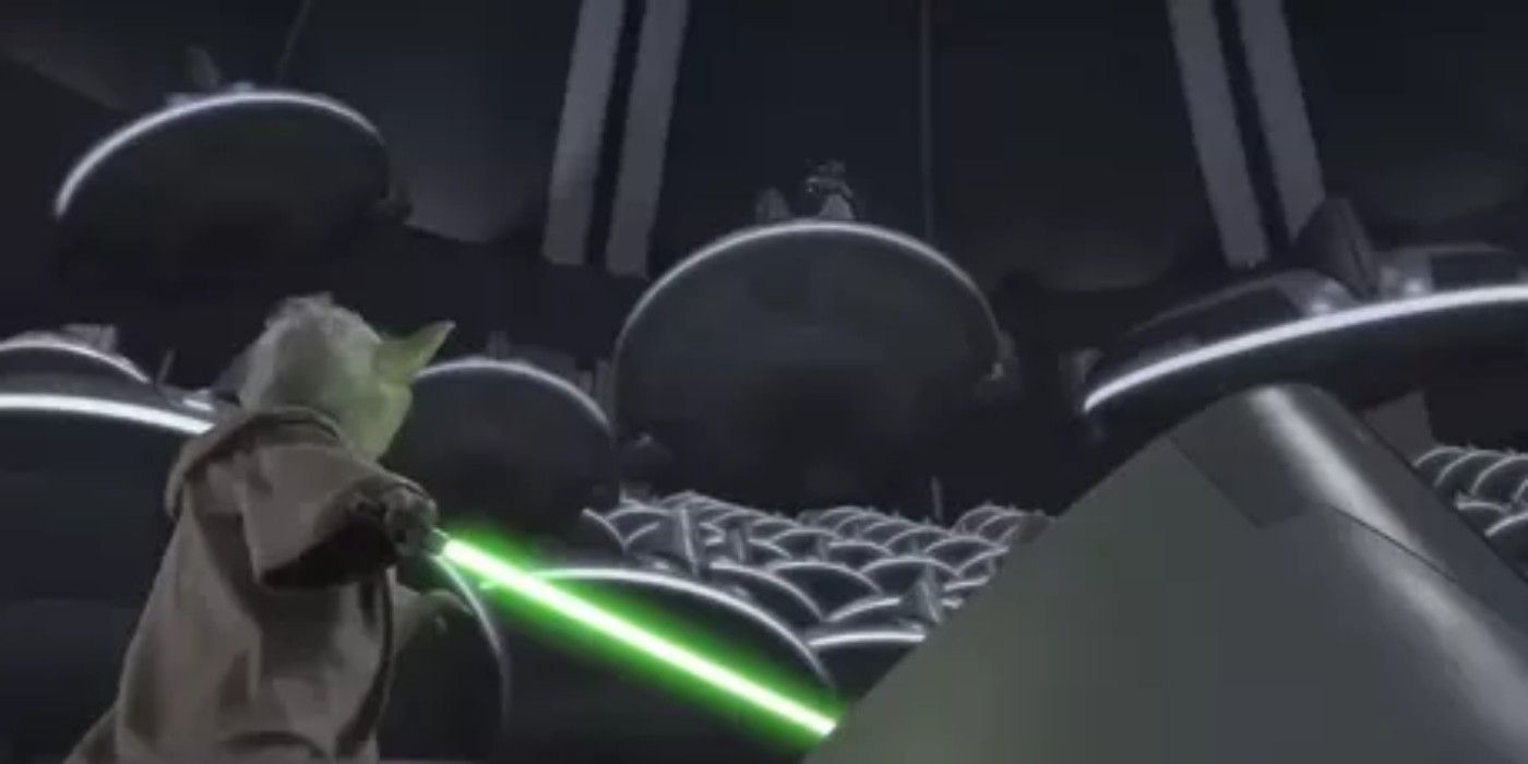 Yoda holds his lightsaber and looks up to a galactic senate platform that Palpatine is standing on