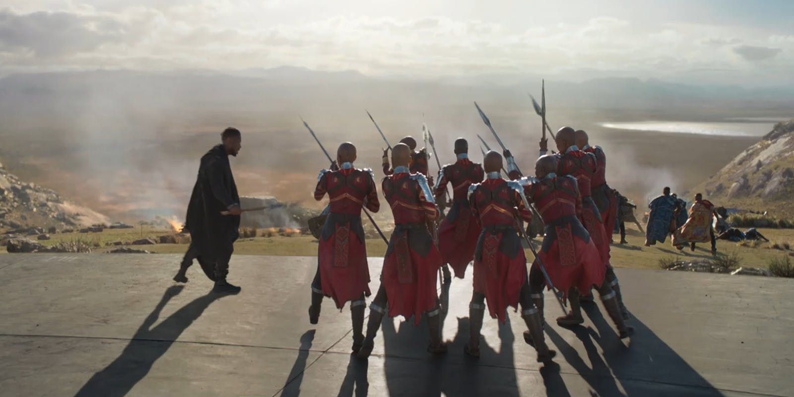 Black Panther's Dora Milaje appear to be wearing sensible flats as they practice.