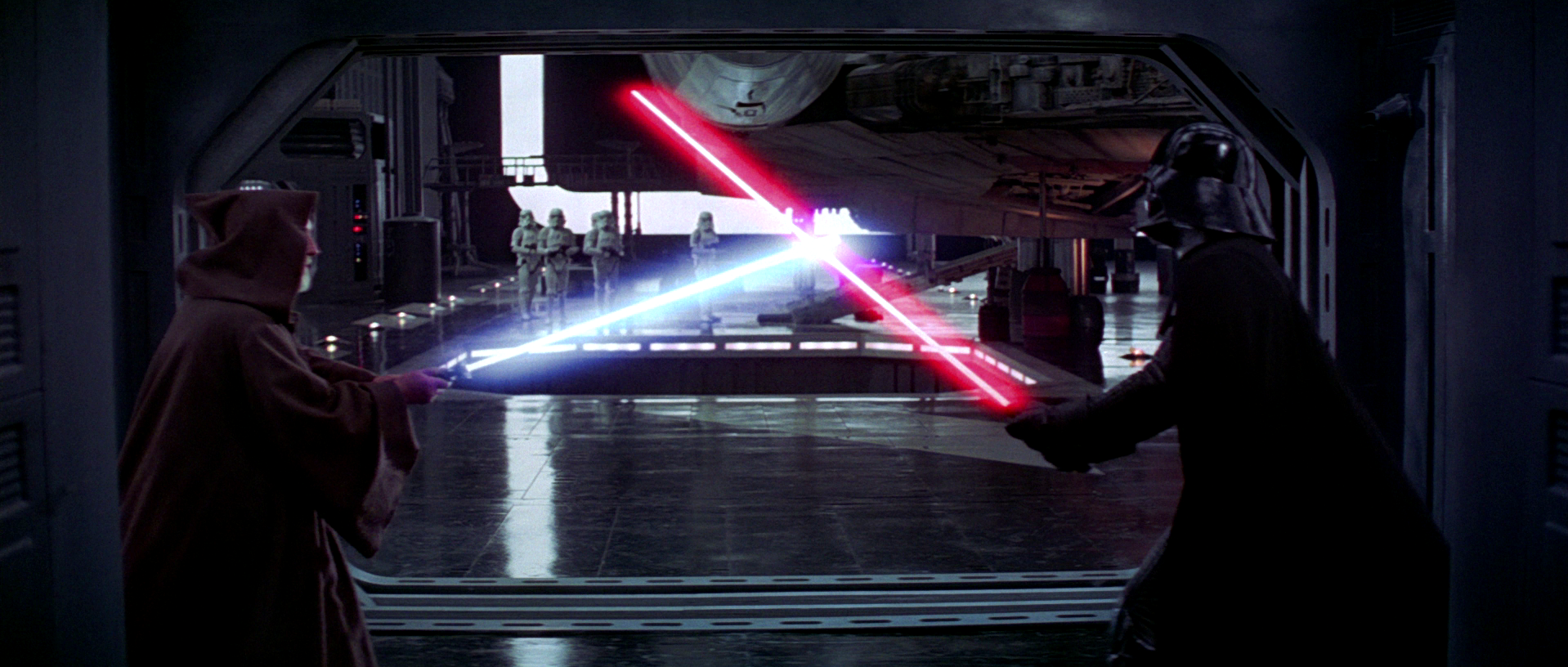 Darth Vader and Obi Wan Kenobi facing off in Star Wars